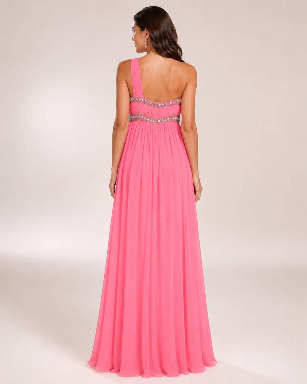 Silver-Bodice One-Shoulder Chiffon Gown - Pink (view 12)
