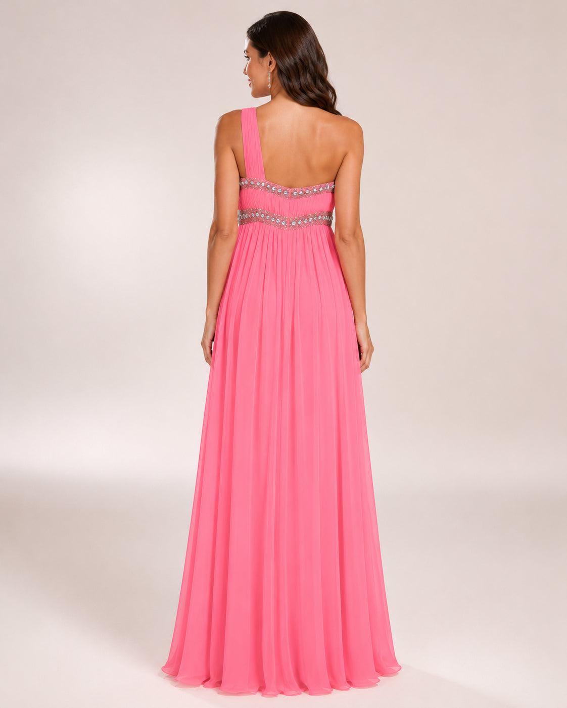 Silver-Bodice One-Shoulder Chiffon Gown - Pink (view 12)