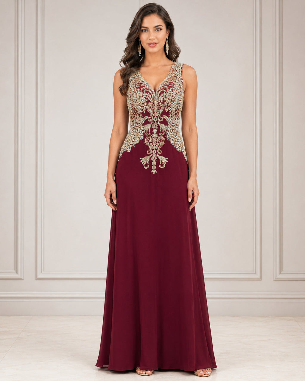 Burgundy Beaded Illusion Gown - Burgundy (view 2)