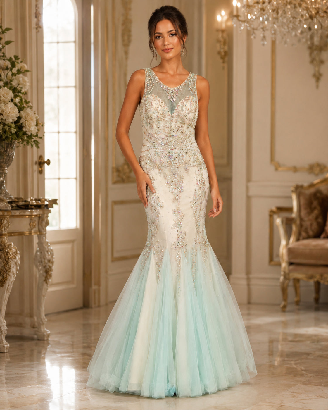 Mint Beaded Tulle Mermaid Gown - Mint (view 3)