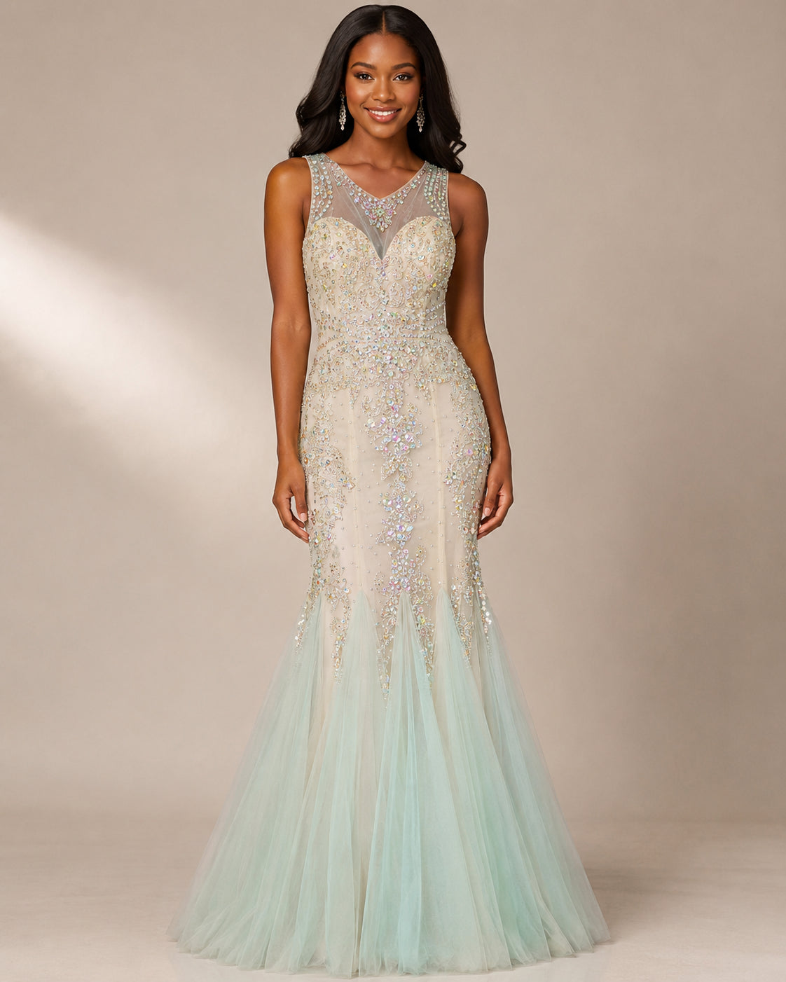 Mint Beaded Tulle Mermaid Gown - Mint (view 5)