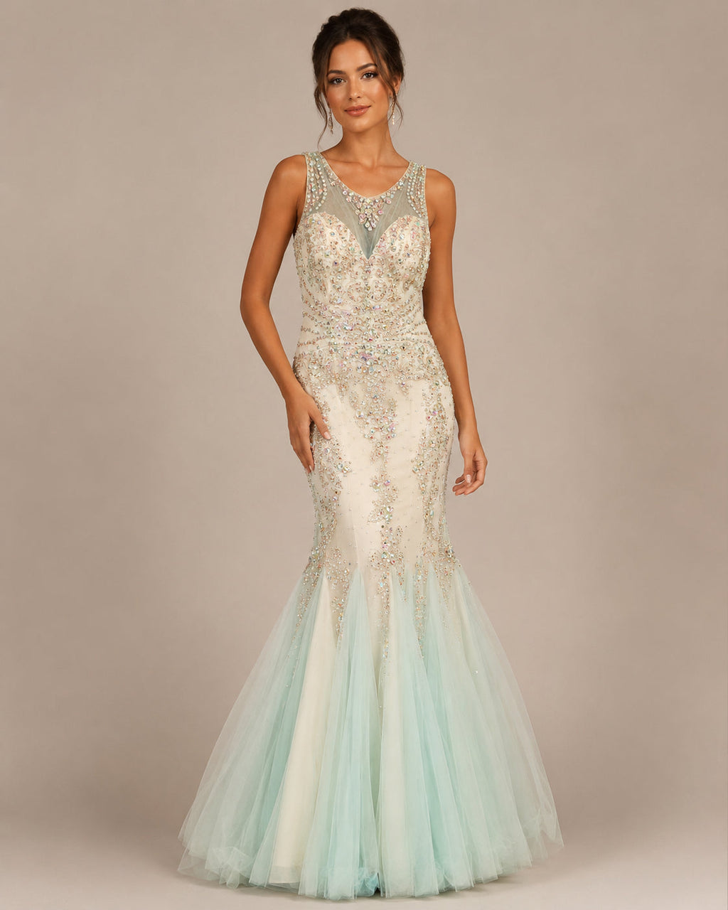 Mint Beaded Tulle Mermaid Gown - Champagne (view 11)