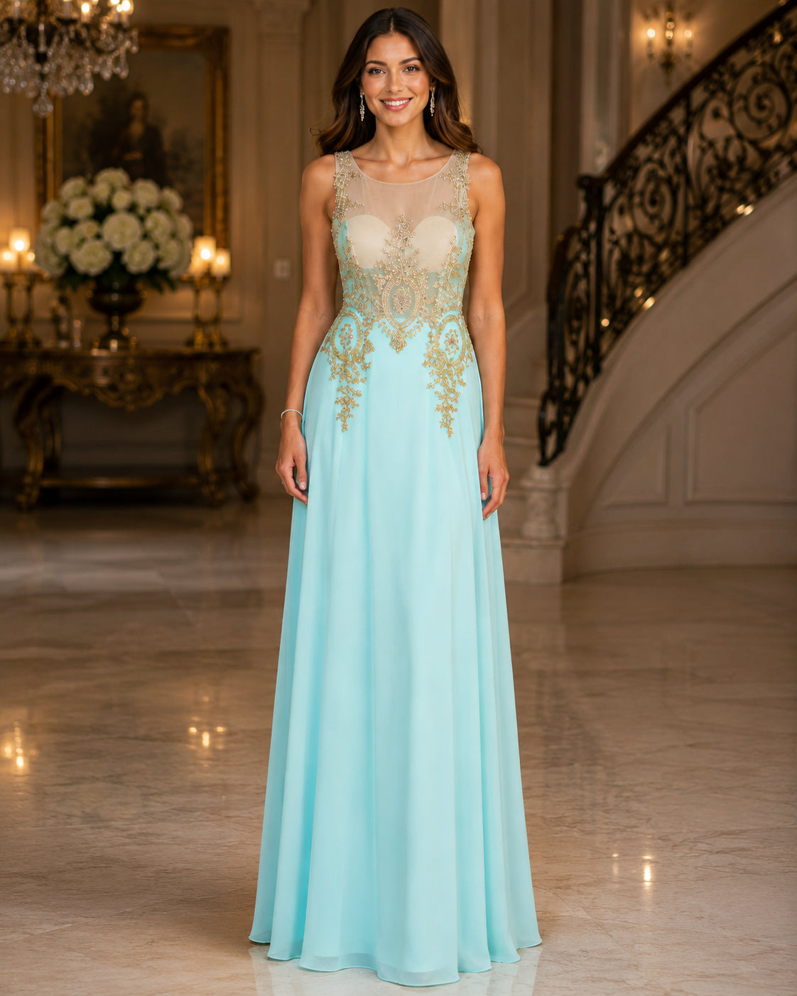 Gold-Appliqué Illusion Gown - Aqua (view 5)