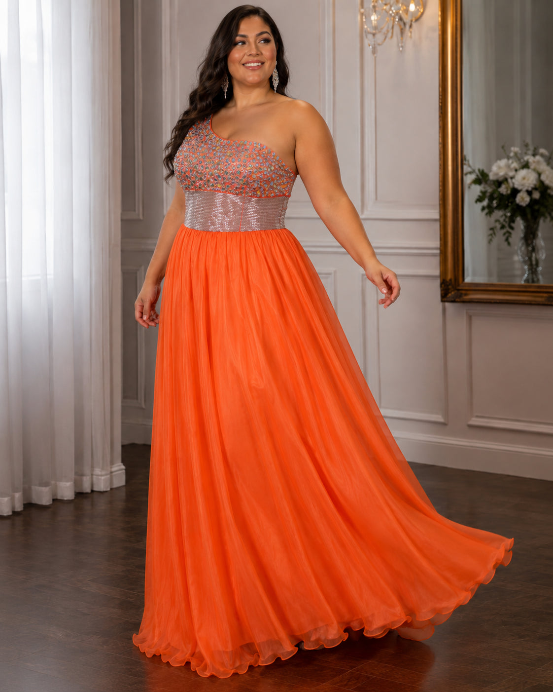 Silver-Bodice One-Shoulder Chiffon Gown - Orange (view 1)