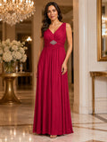 Red V-Neck Beaded-Waist Gown - Red (view 1)