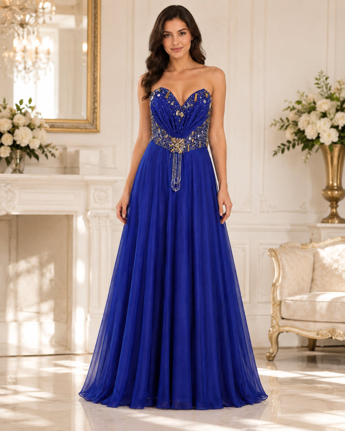 Royal Blue Sweetheart Gold-Waist Gown - Royal Blue (view 2)