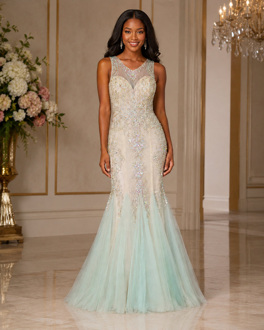 Mint Beaded Tulle Mermaid Gown - Mint (view 7)