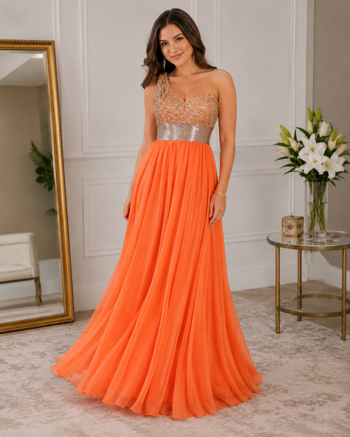 Silver-Bodice One-Shoulder Chiffon Gown - Orange (view 6)