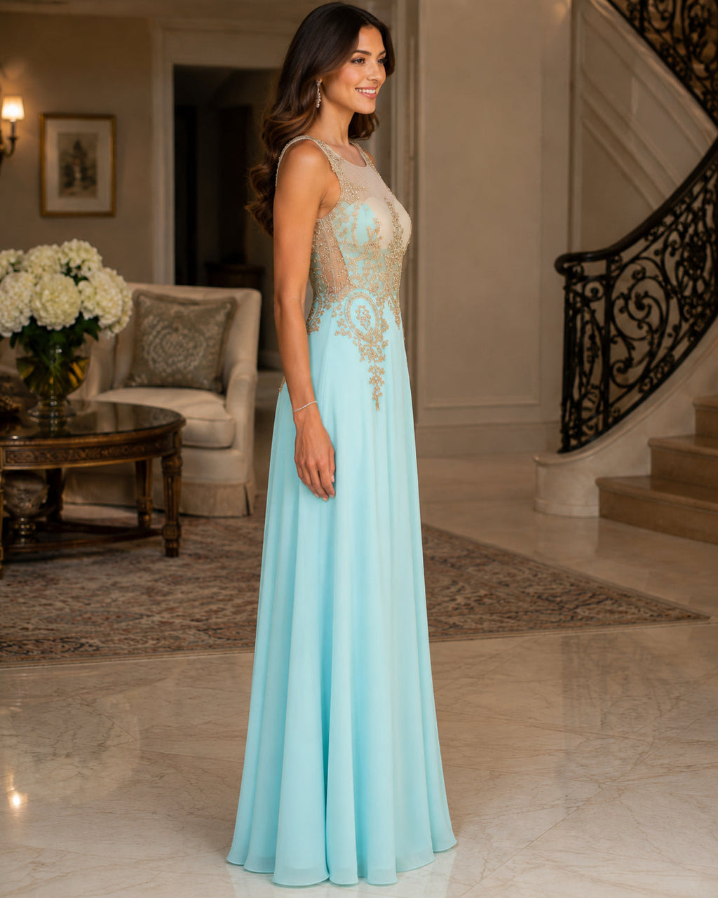 Gold-Appliqué Illusion Gown - Aqua (view 2)