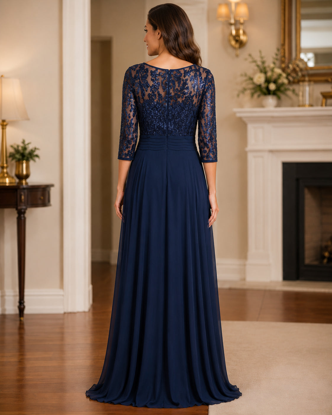 Navy Lace-Bodice Chiffon Gown - Navy (view 1)