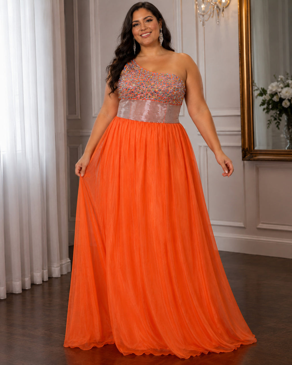 Silver-Bodice One-Shoulder Chiffon Gown - Orange (view 9)