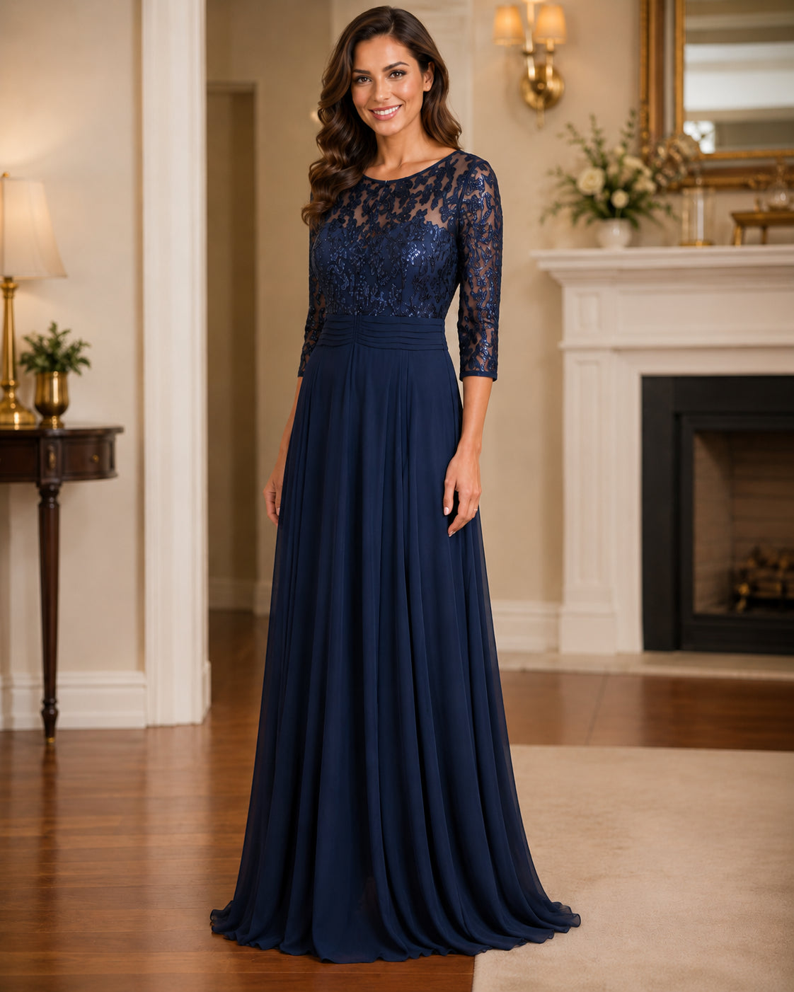 Navy Lace-Bodice Chiffon Gown - Navy (view 4)