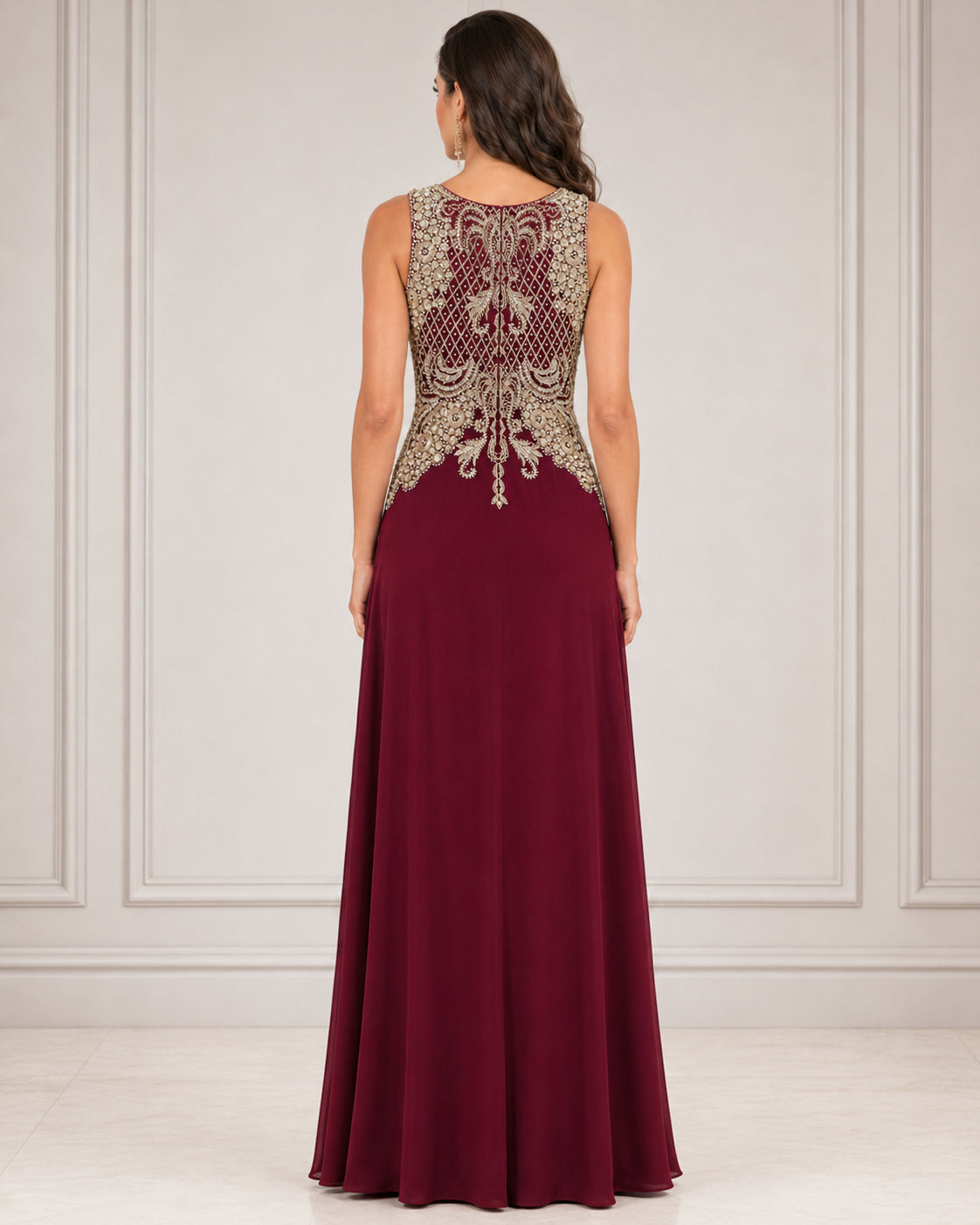Burgundy Beaded Illusion Gown - Burgundy (view 1)