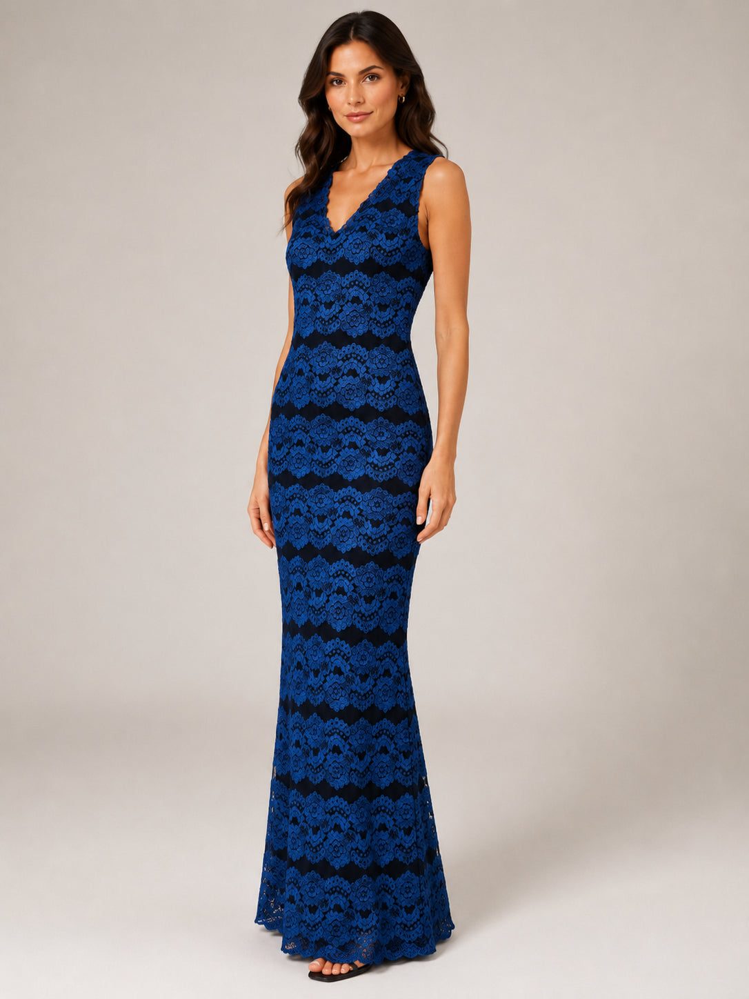 Royal Blue Lace V-Neck Gown - Royal Blue (view 1)