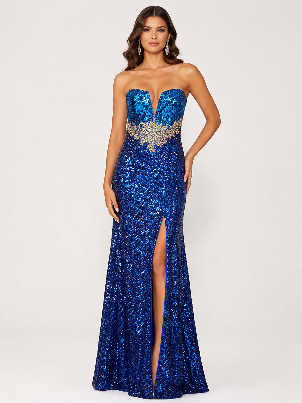 Royal Blue Sequin Slit Gown - Royal Blue (view 2)