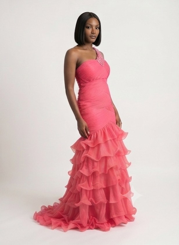 Coral Blossom One-Shoulder Ruffle Mermaid Gown - Alternate View 3 | Afayi Commerce