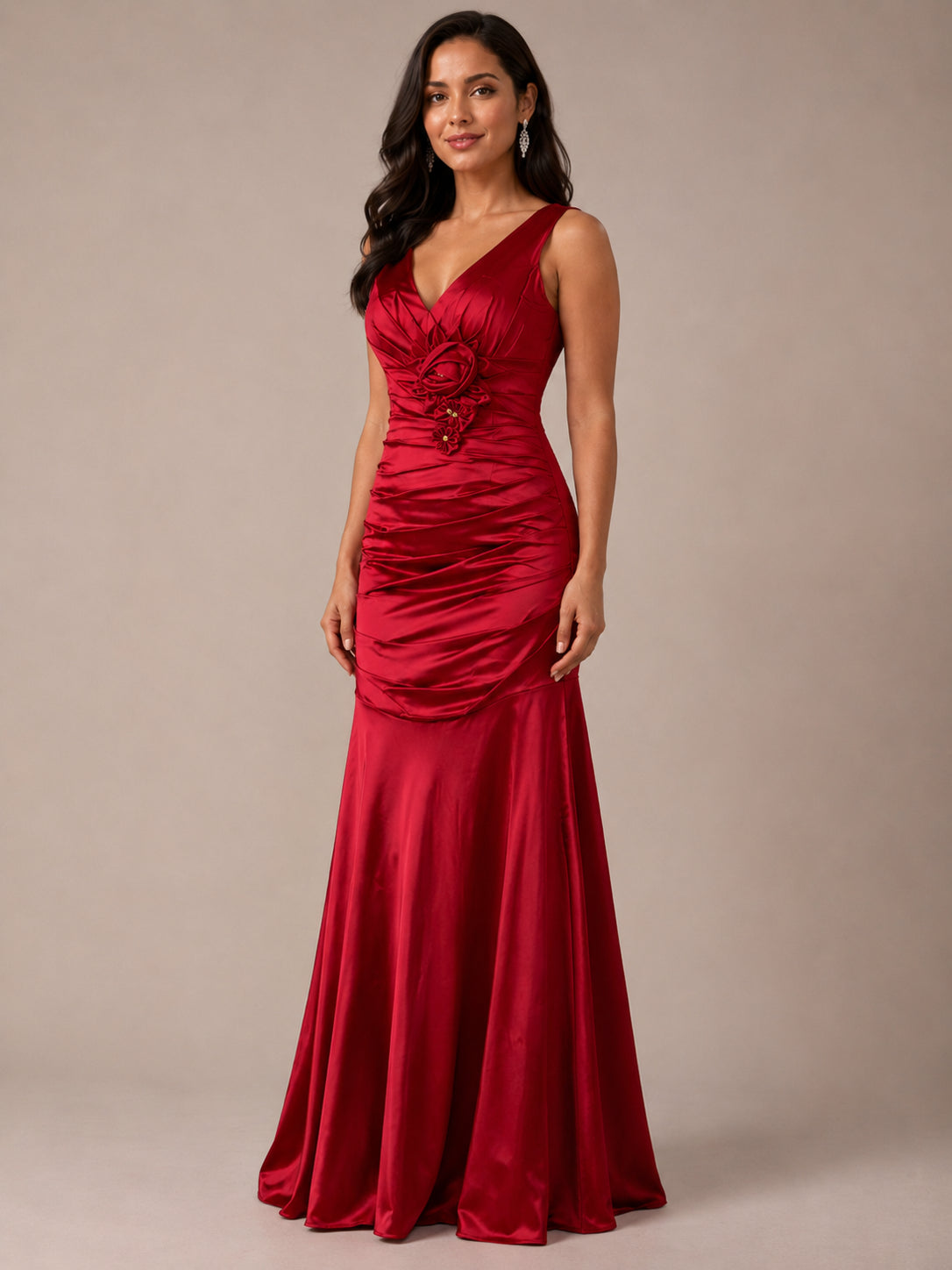 Red Satin Rosette Mermaid Gown - Red (view 2)