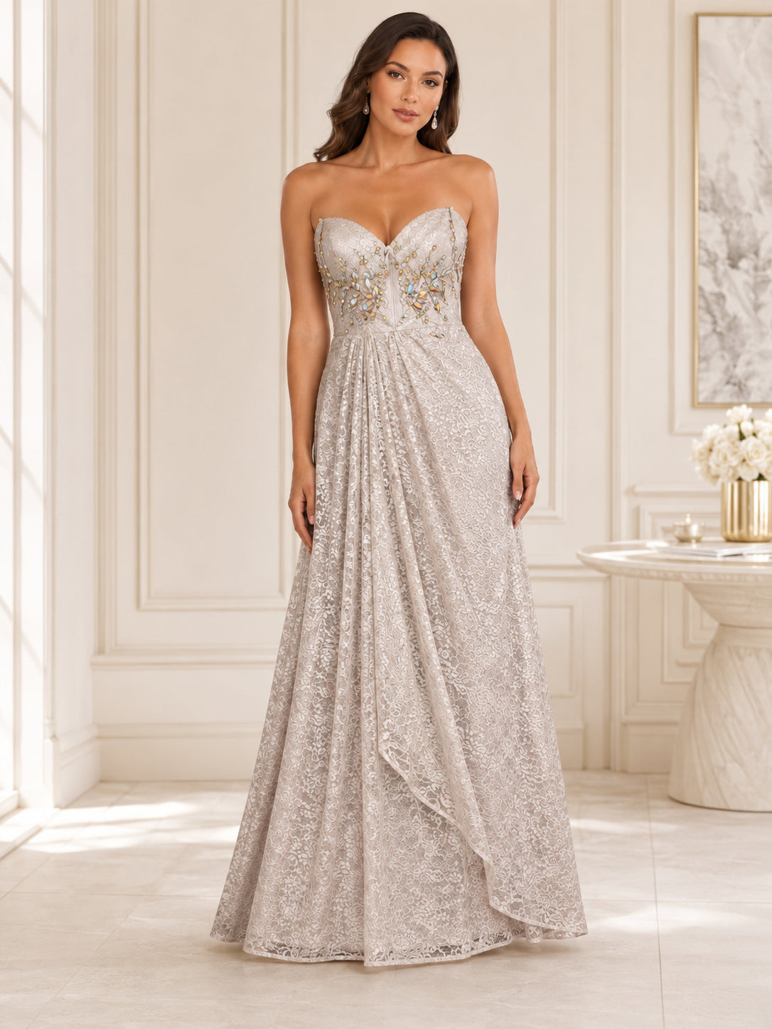 Silver Beaded Cascade Gown - Silver (view 3)
