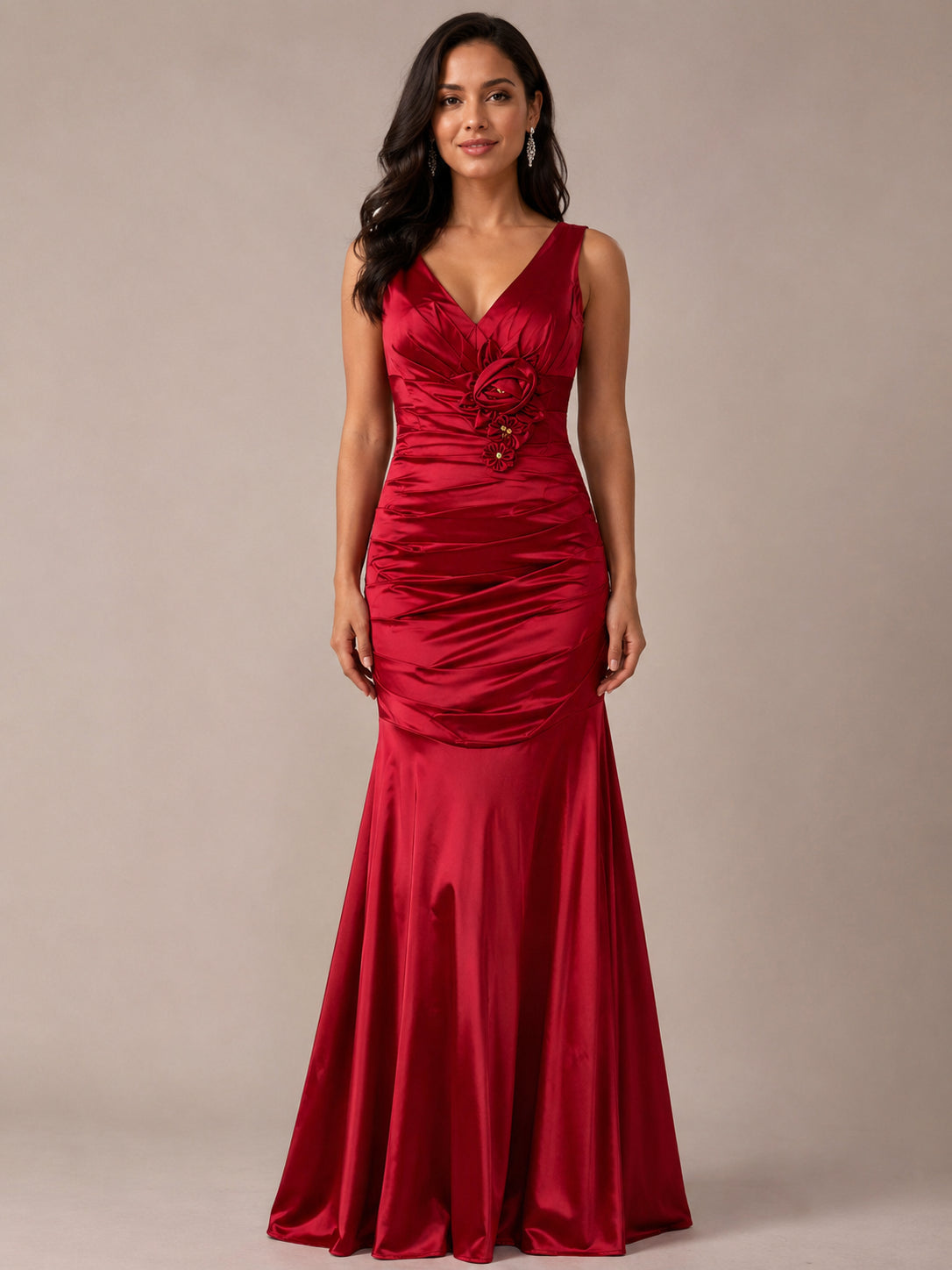 Red Satin Rosette Mermaid Gown - Red (view 1)