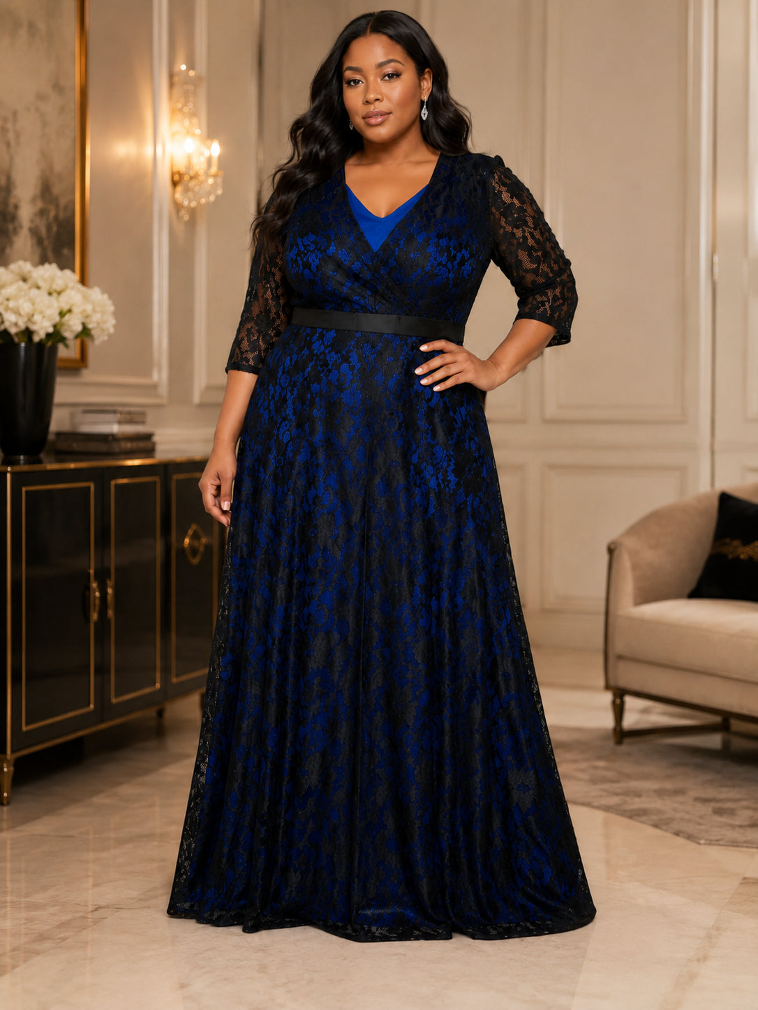 Navy Lace V-Neck Sleeve Gown - Navy (view 2)