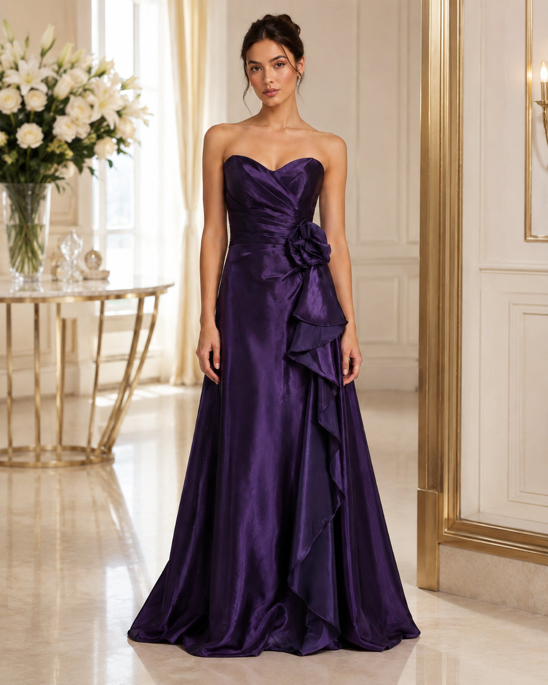 Purple Satin Strapless Cascade Gown - Purple (view 7)