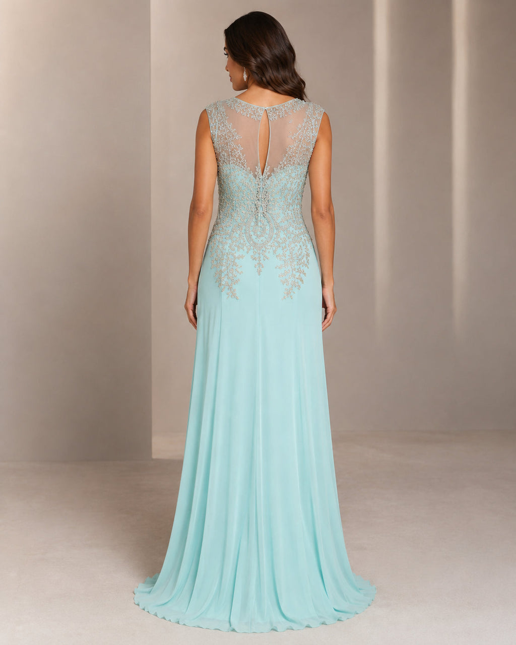 Gold-Appliqué Illusion Gown - Aqua (view 6)