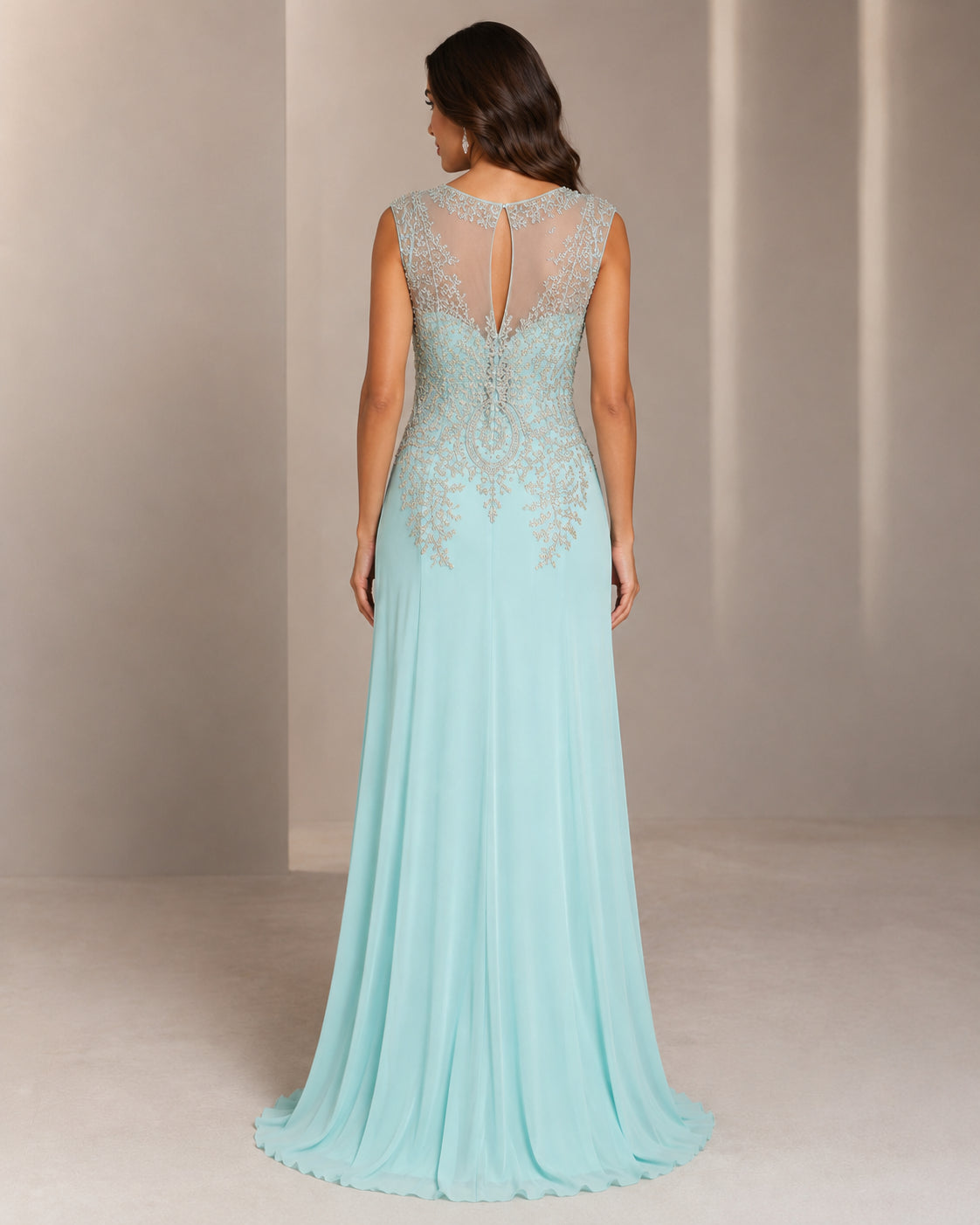 Gold-Appliqué Illusion Gown - Aqua (view 6)