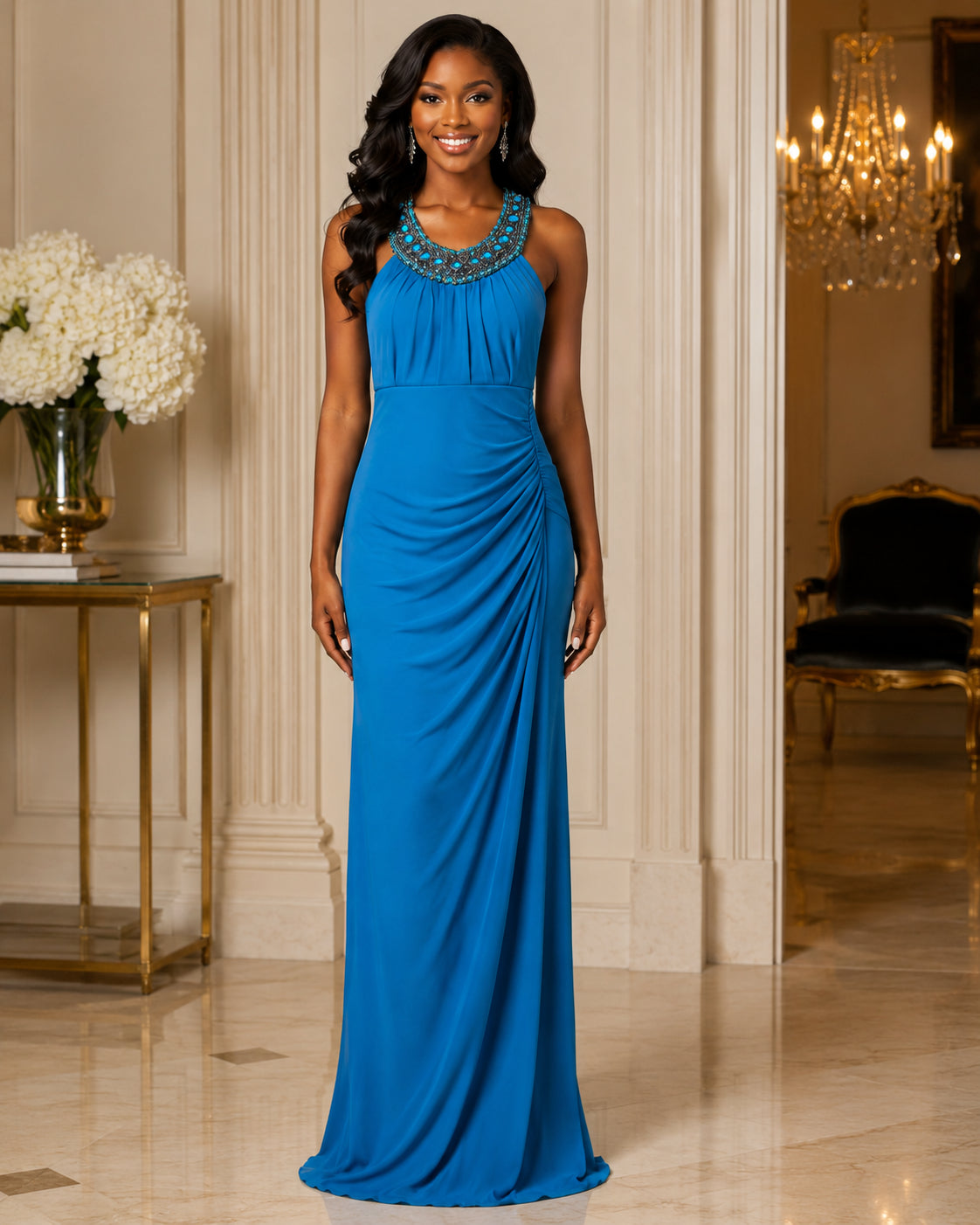 Royal Blue Halter Ruched Gown - Royal Blue (view 5)