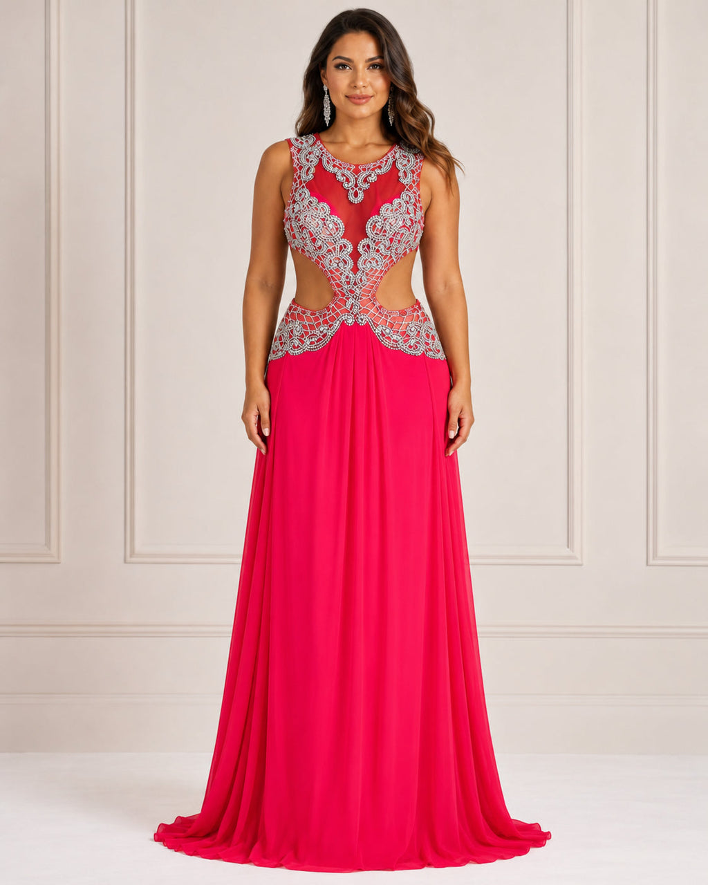 Fuchsia Beaded Cutout Gown - Fuchsia (view 4)