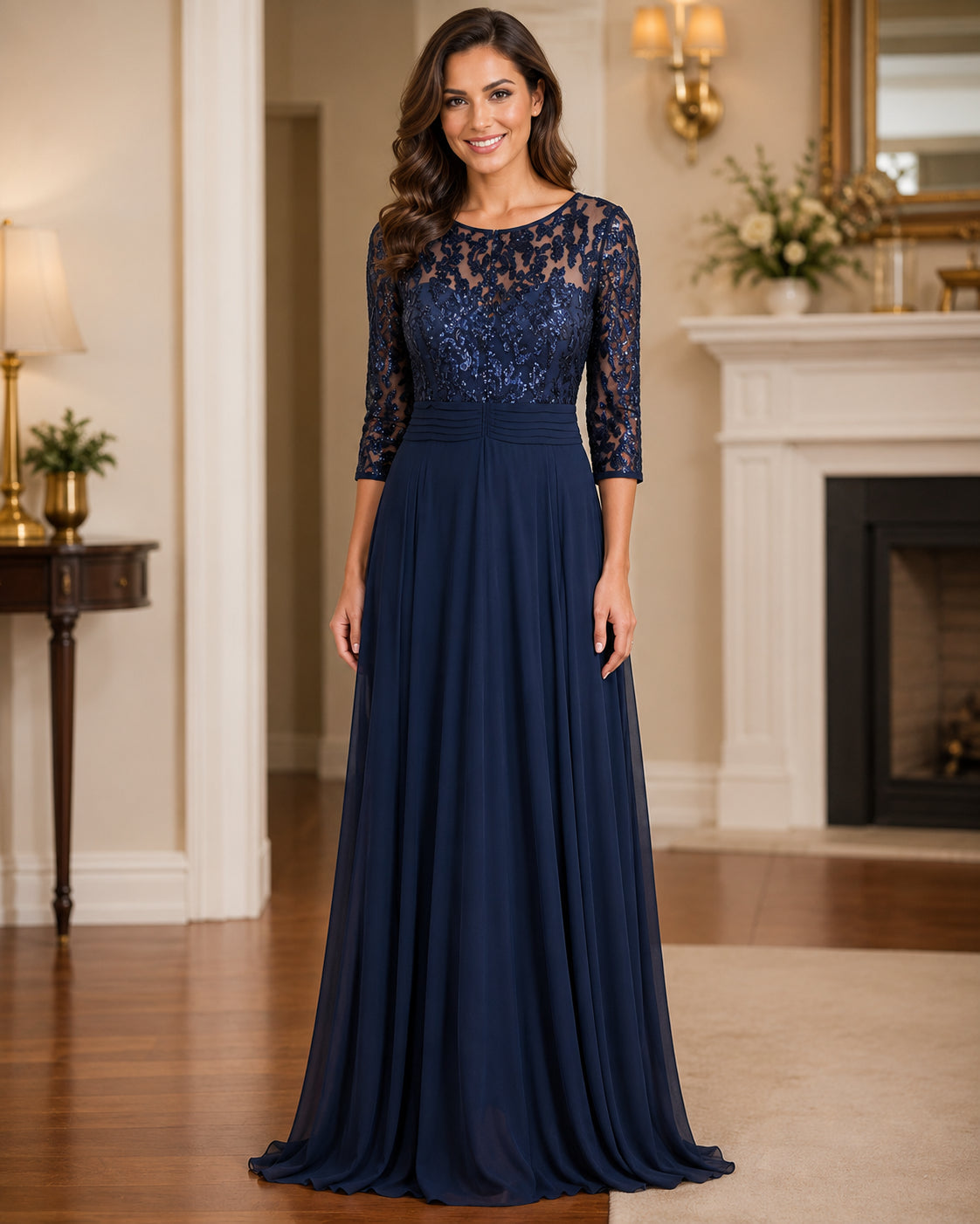 Navy Lace-Bodice Chiffon Gown - Navy (view 3)