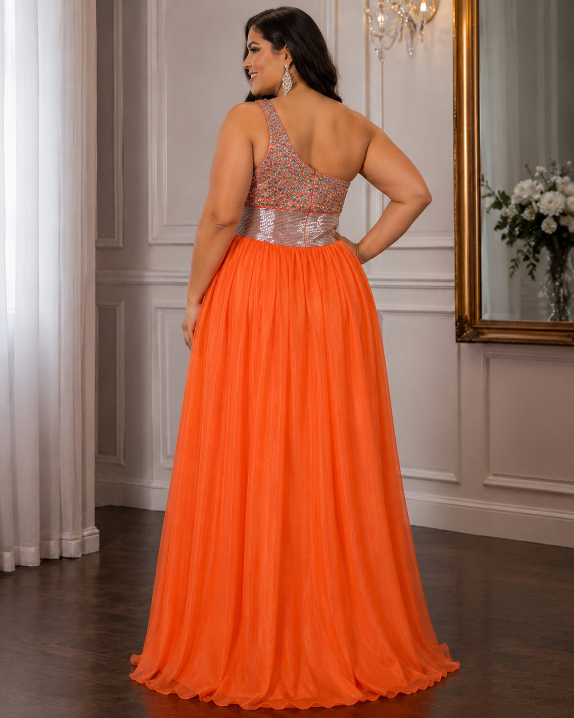 Silver-Bodice One-Shoulder Chiffon Gown - Orange (view 2)