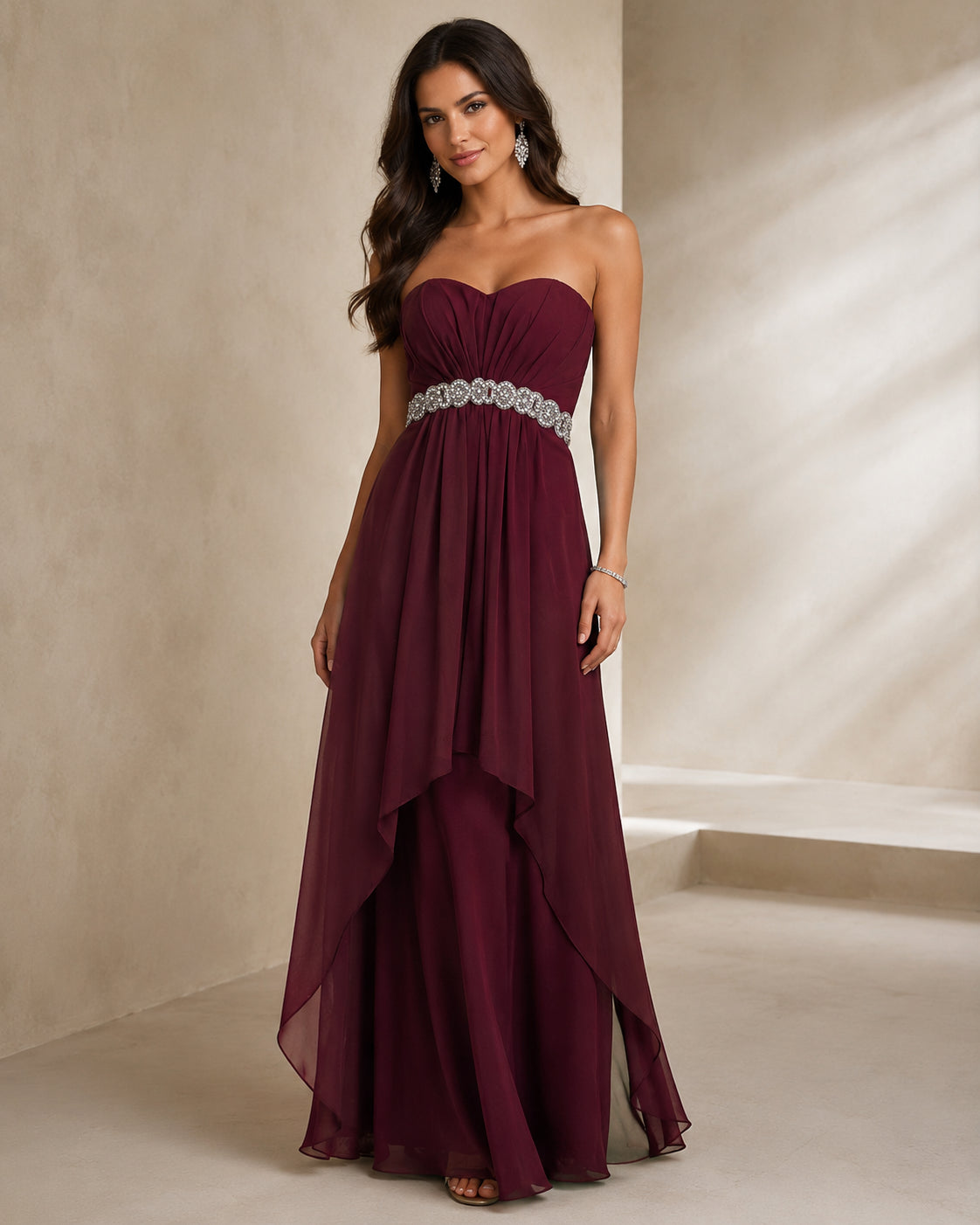 Burgundy Sweetheart Beaded Cascade Gown - Burgundy (view 1)