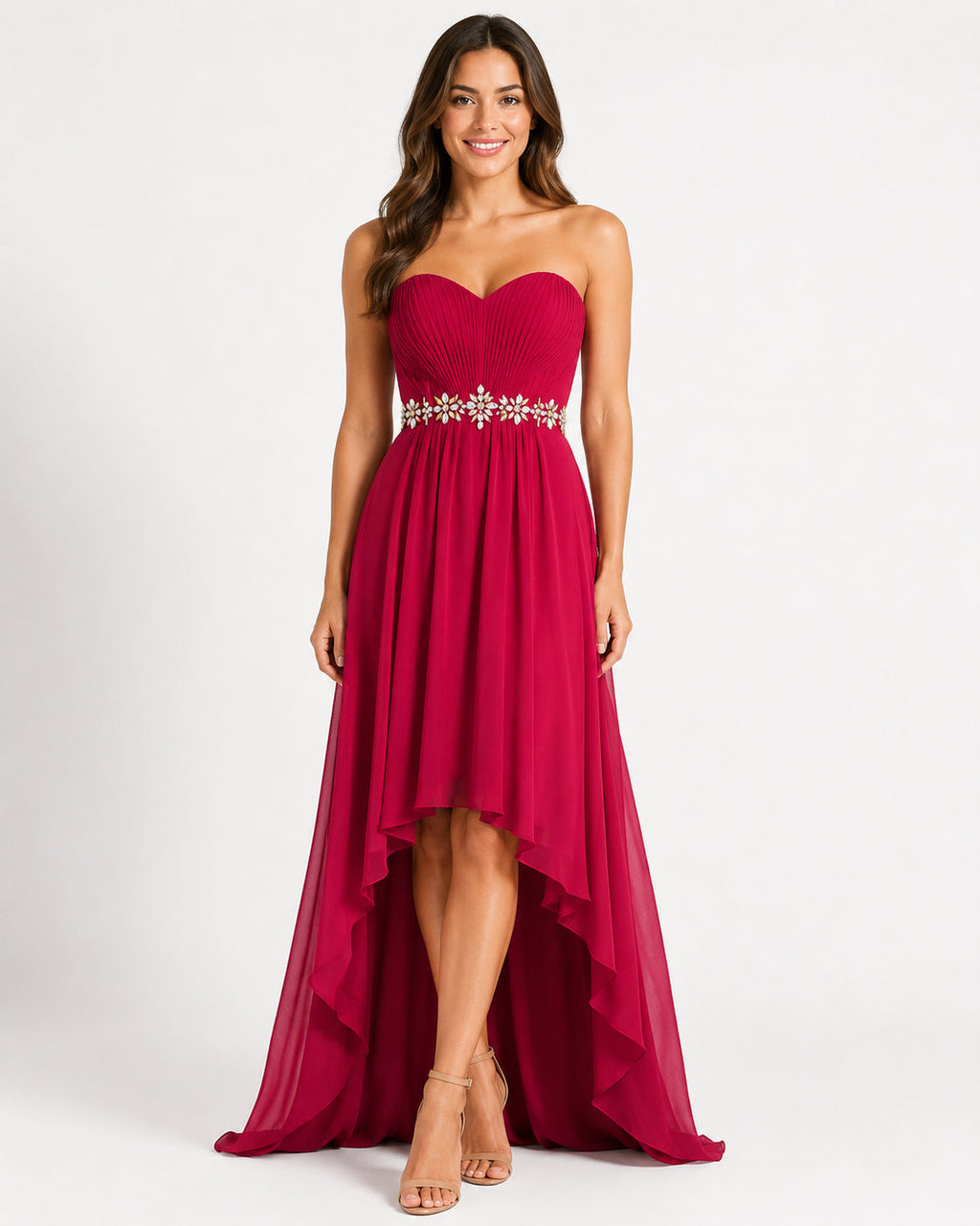 Red High-Low Beaded Gown - Red (view 1)