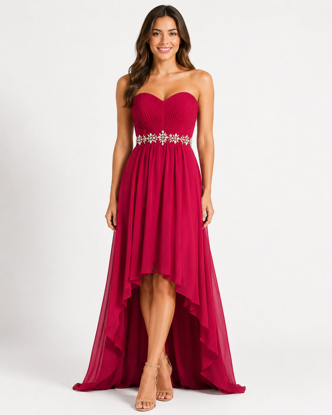Red High-Low Beaded Gown - Red (view 1)