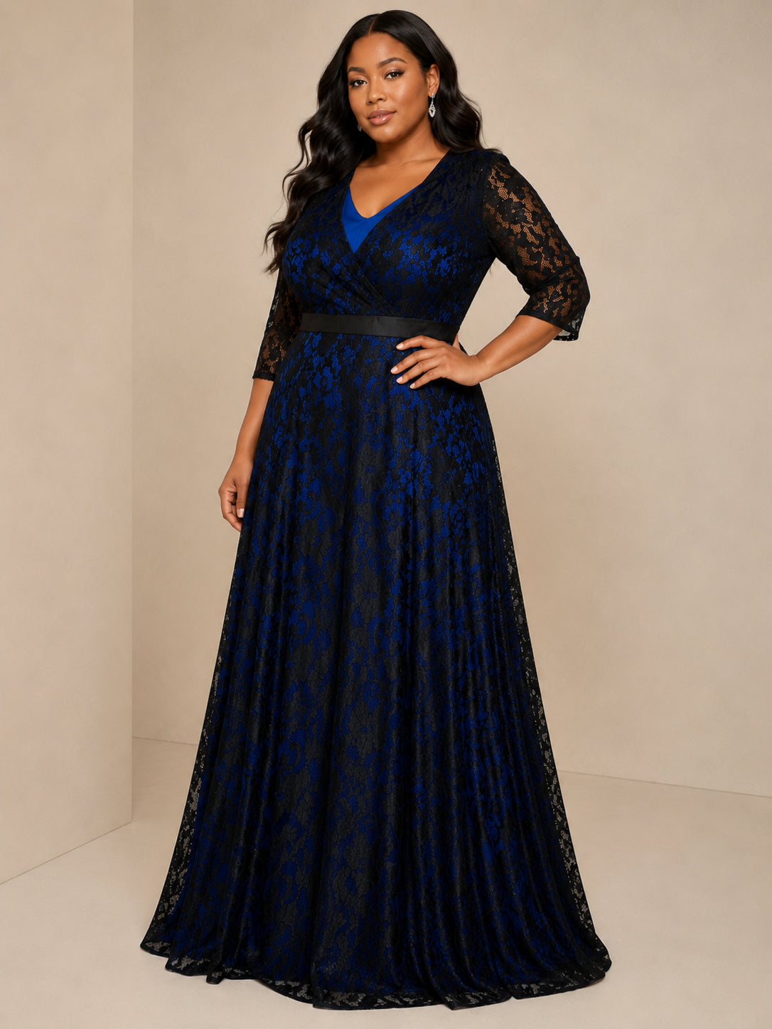 Navy Lace V-Neck Sleeve Gown - Navy (view 4)