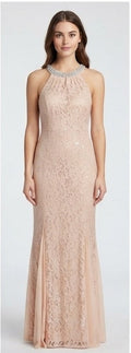 Champagne Blush Lace Halter Evening Gown - Front View | Afayi Commerce