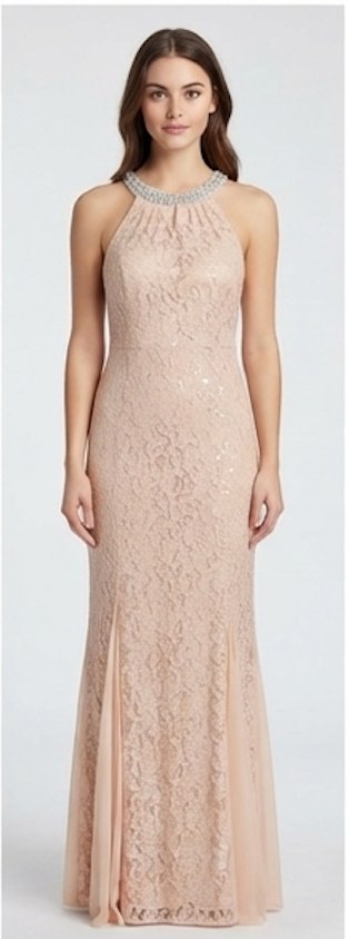 Champagne Blush Lace Halter Evening Gown - Front View | Afayi Commerce