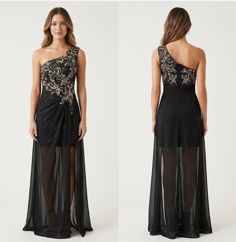 Black & Gold Beaded Slit Gown - Front View | Afayi Commerce