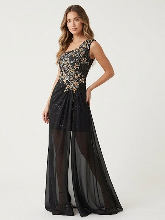 Black & Gold Beaded Slit Gown - Alternate View 1 | Afayi Commerce
