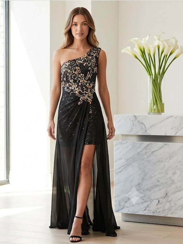 Black & Gold Beaded Slit Gown - Alternate View 2 | Afayi Commerce
