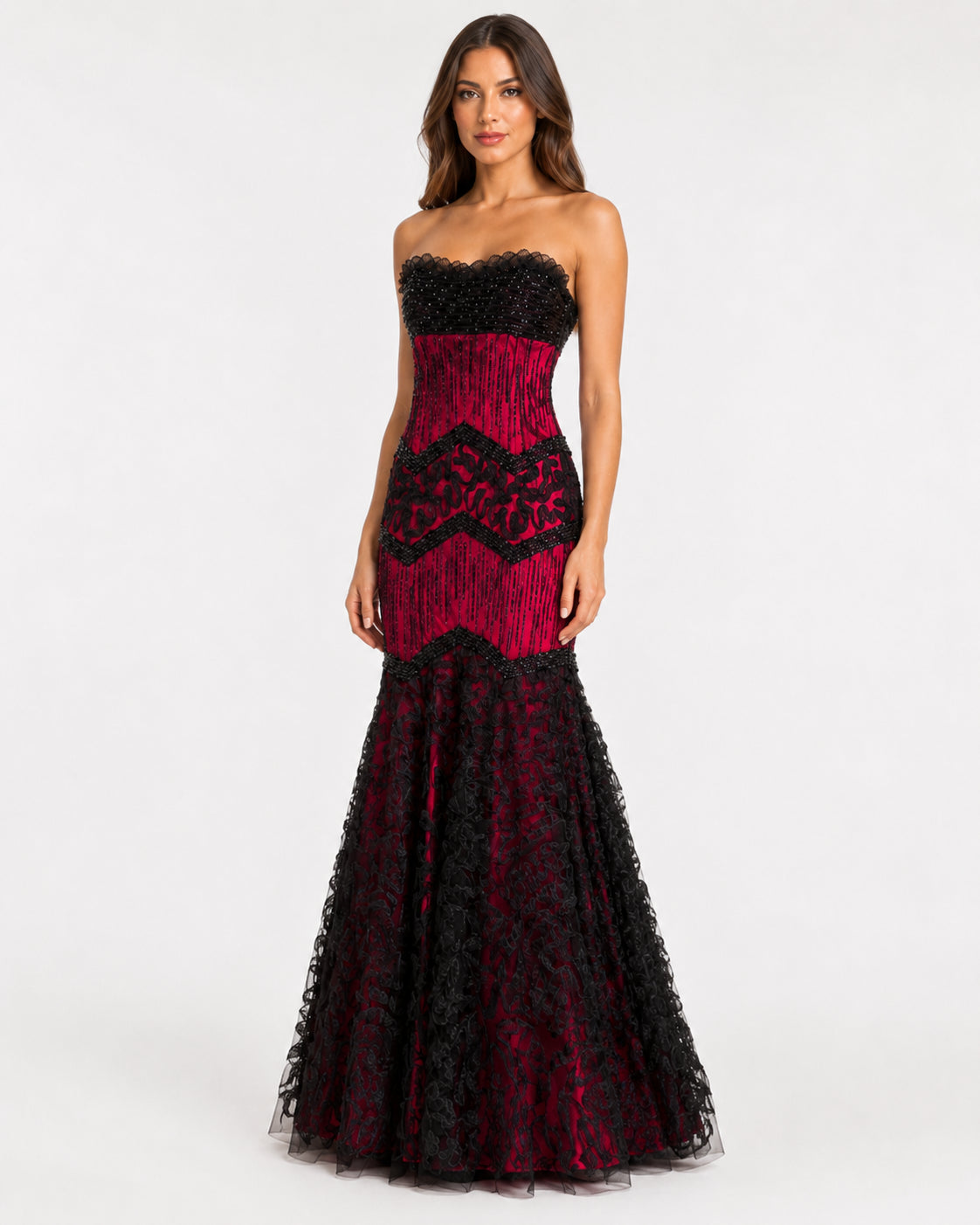Crimson and Black Beaded Chevron Lace Mermaid Gown - Front View | Afayi Commerce