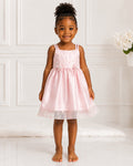 Girls Pink Satin Floral Lace-Hem Party Dress - Front View | Afayi Commerce