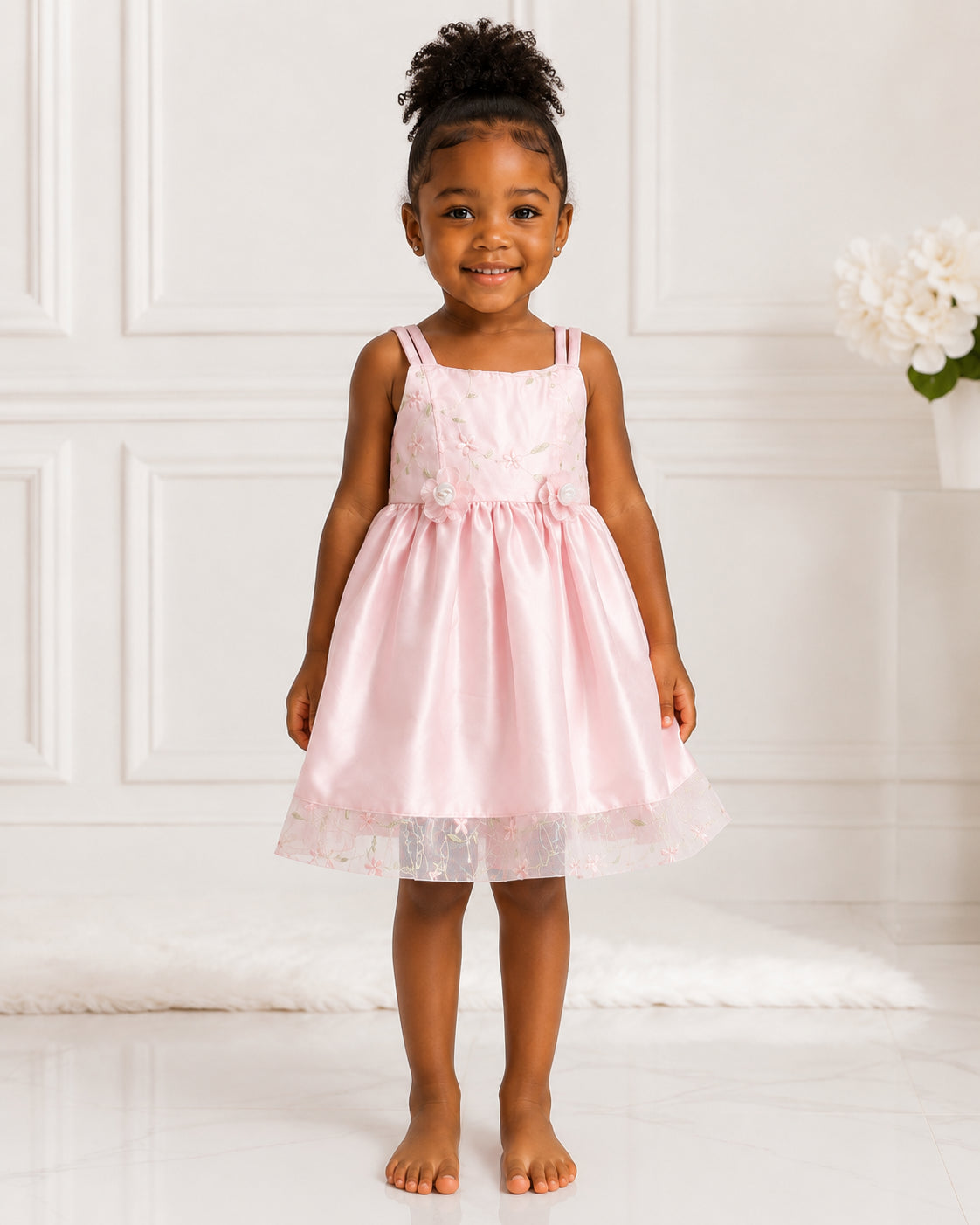 Girls Pink Satin Floral Lace-Hem Party Dress - Front View | Afayi Commerce