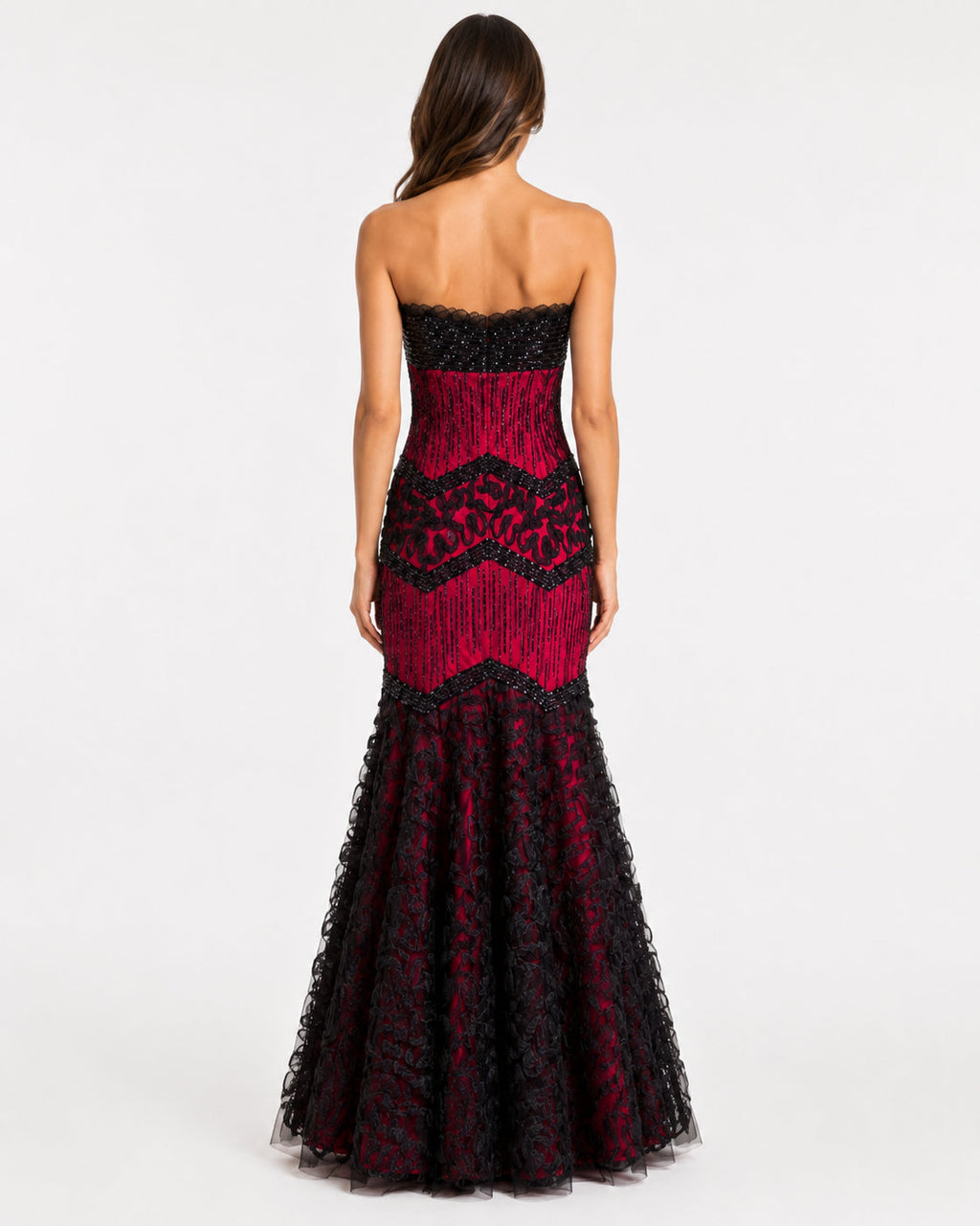 Crimson and Black Beaded Chevron Lace Mermaid Gown - Alternate View 1 | Afayi Commerce