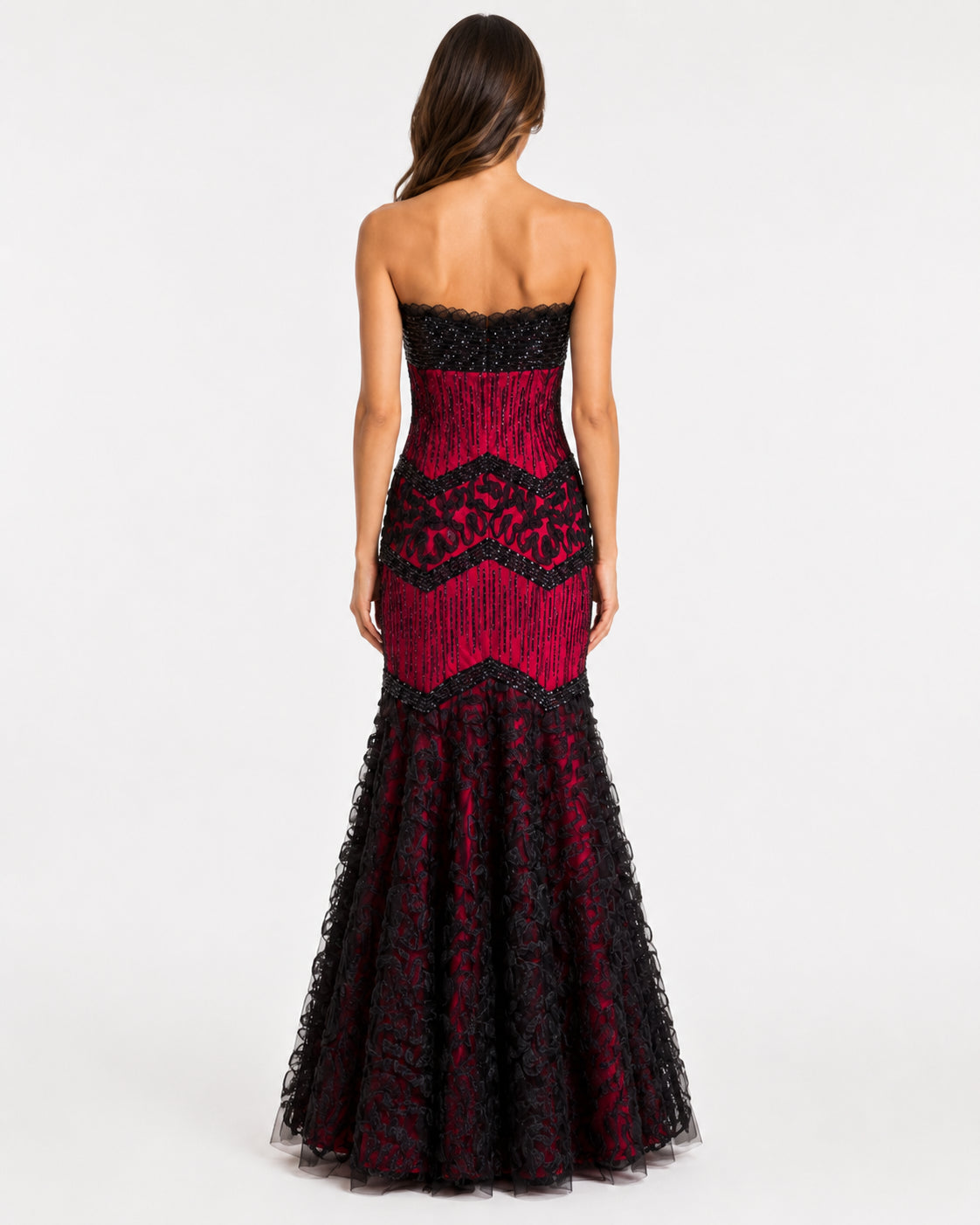 Crimson and Black Beaded Chevron Lace Mermaid Gown - Alternate View 1 | Afayi Commerce