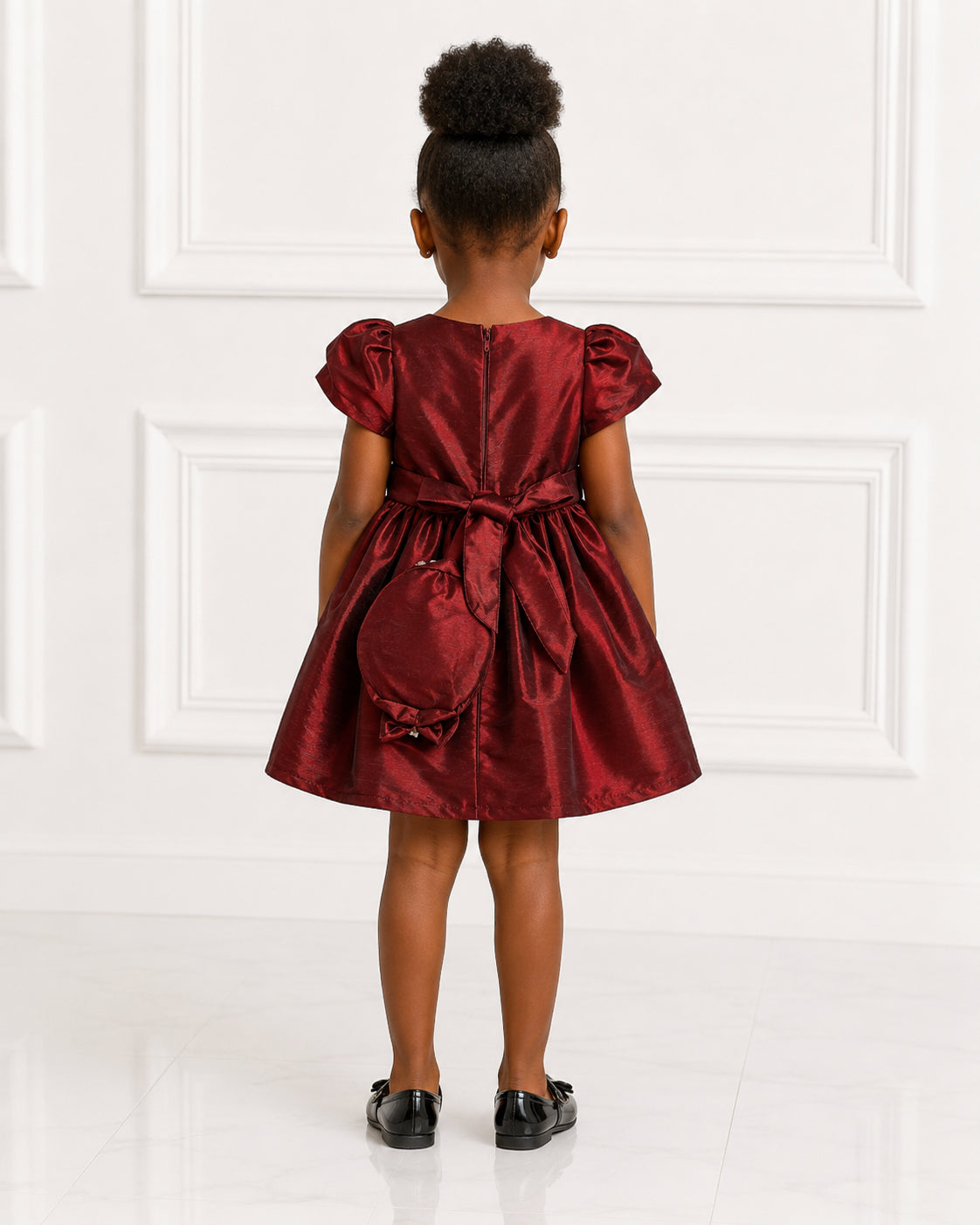 Girls Burgundy Taffeta Puff-Sleeve Holiday Dress - Back View | Afayi Commerce