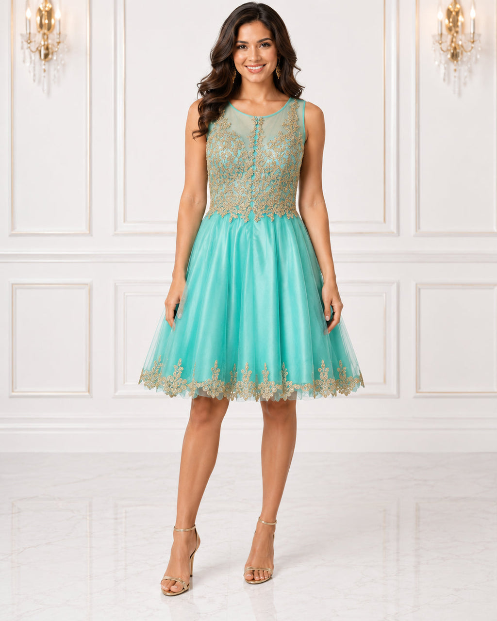 Aqua Gold-Lace Applique Tulle Party Dress - Front View | Afayi Commerce