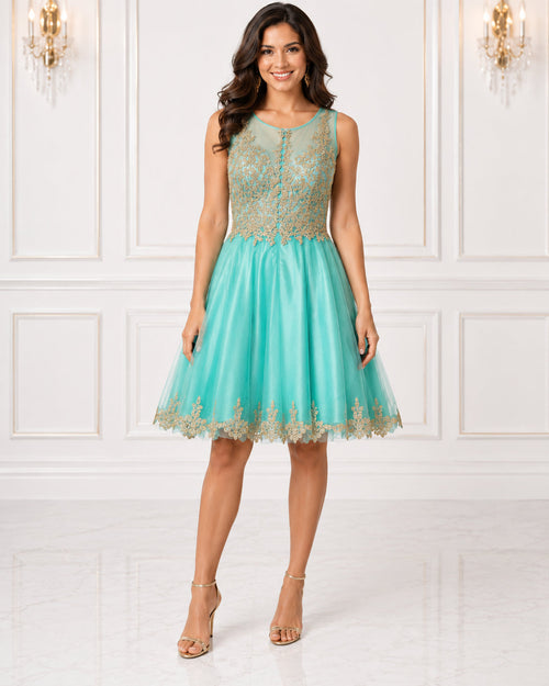 Aqua Gold-Lace Applique Tulle Party Dress - Front View | Afayi Commerce