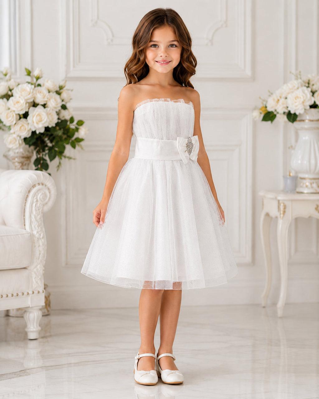 Girls Ivory Tulle Bow Sash Flower Girl Dress - Front View | Afayi Commerce