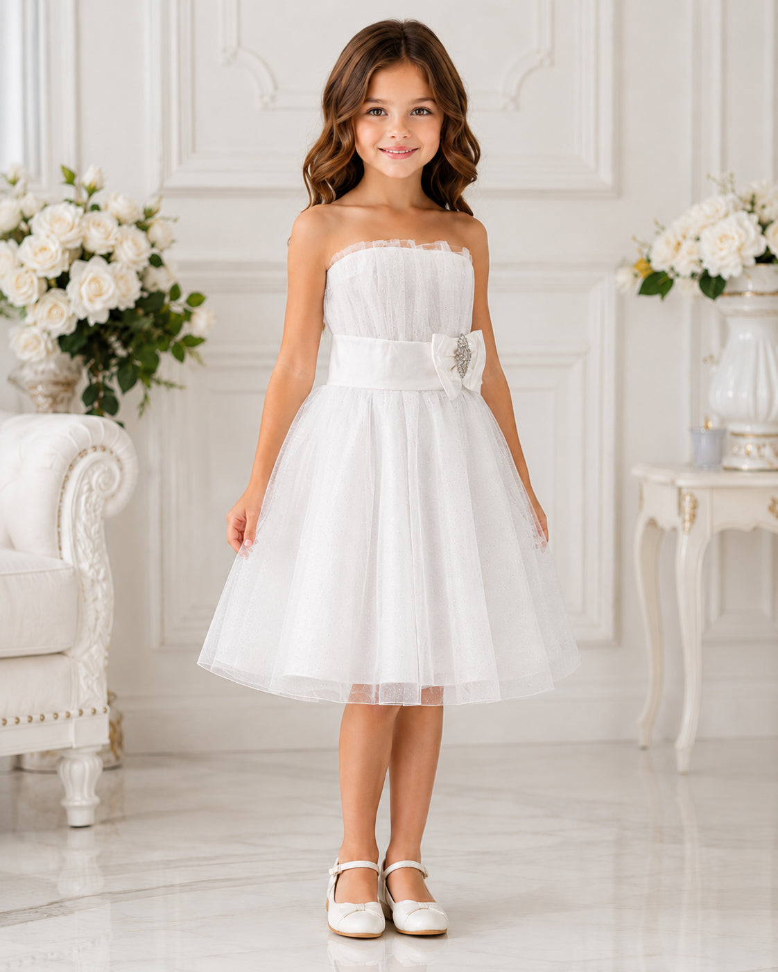 Girls Ivory Tulle Bow Sash Flower Girl Dress - Front View | Afayi Commerce
